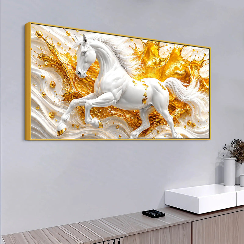 Majestic White Stallion with Golden Splash 3D Canvas Wall Painting
