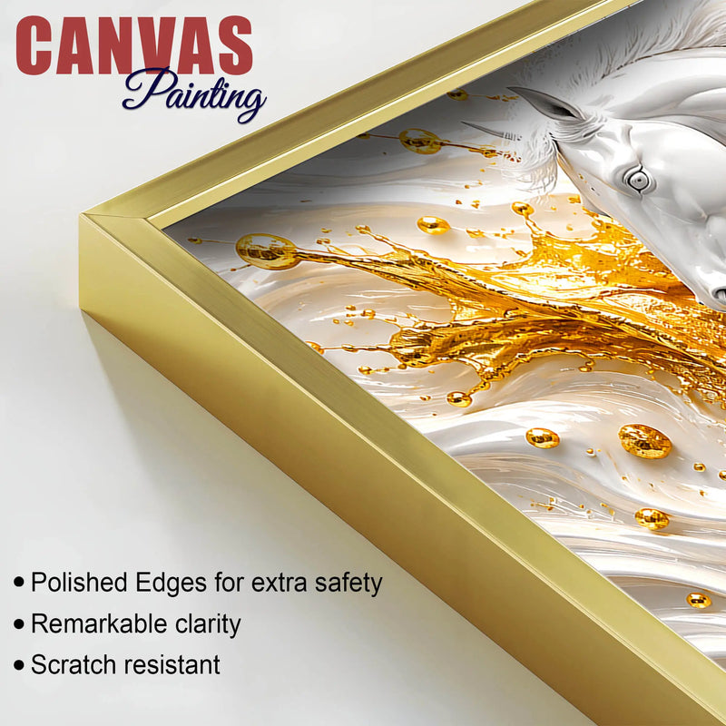 Majestic White Stallion with Golden Splash 3D Canvas Wall Painting