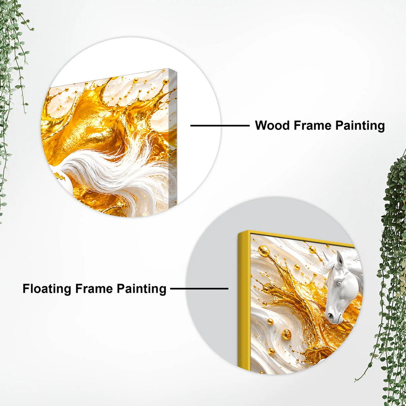 Majestic White Stallion with Golden Splash 3D Canvas Wall Painting