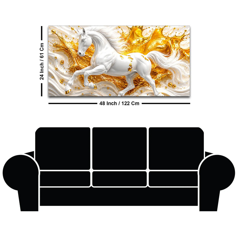 Majestic White Stallion with Golden Splash 3D Canvas Wall Painting