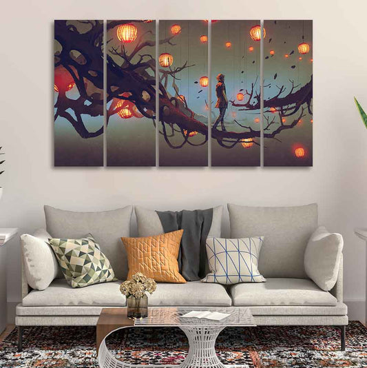 Man Walking in Night Premium Five Pieces Canvas Wall Painting