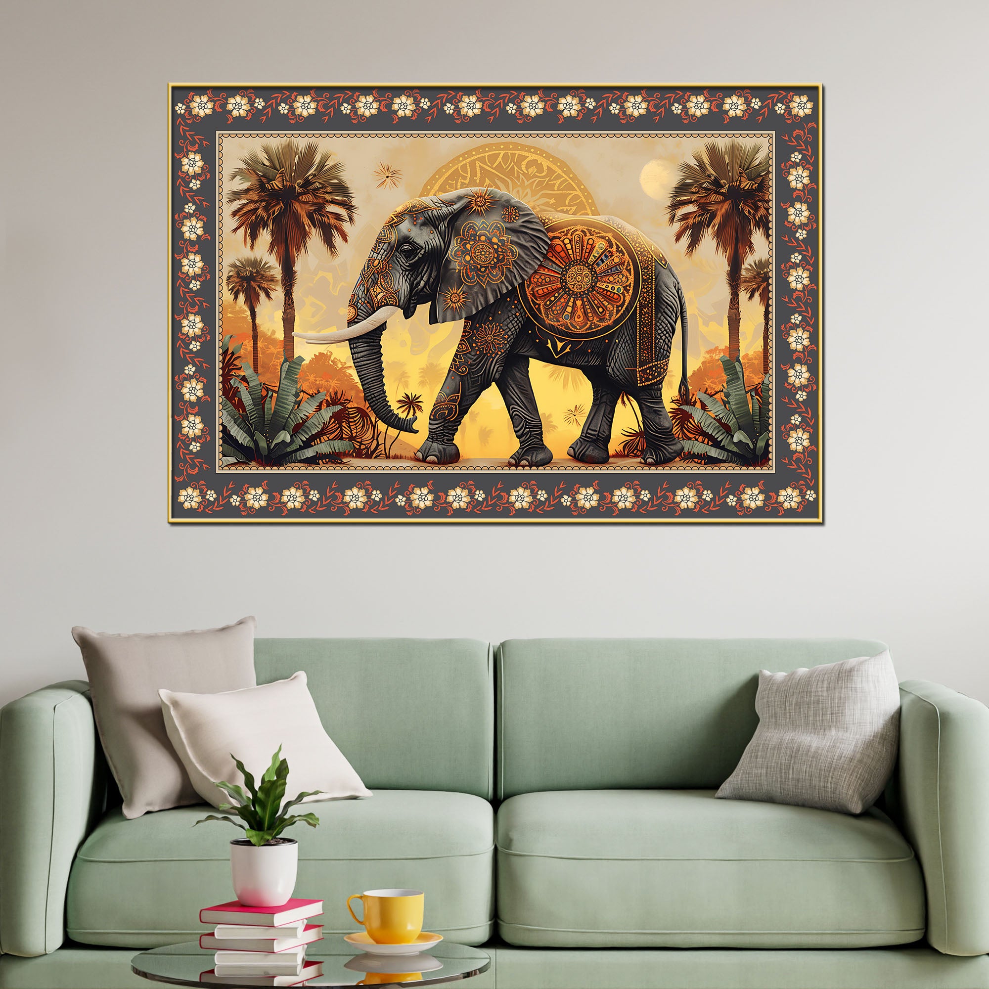 Mandala Design Elephant in Sunset Floral Border Canvas Wall Painting