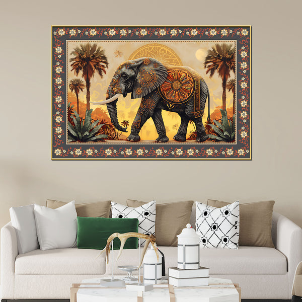 Mandala Design Elephant in Sunset Floral Border Canvas Wall Painting