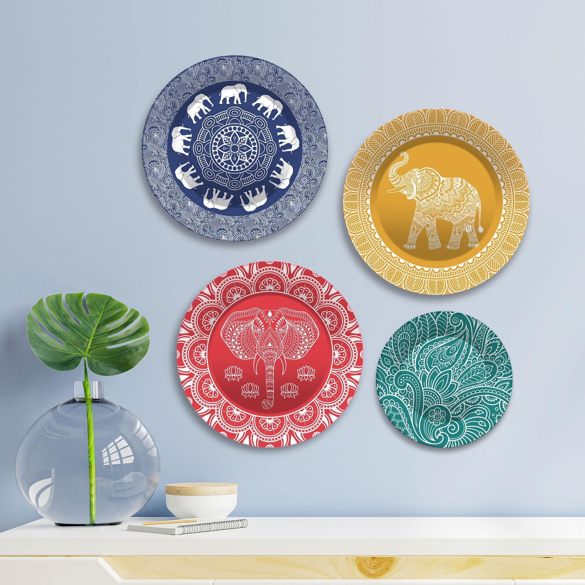 Mandala Pattern Elephants Wall Plates Painting Set of Four