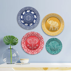 Mandala Pattern Elephants Wall Plates Painting Set of Four