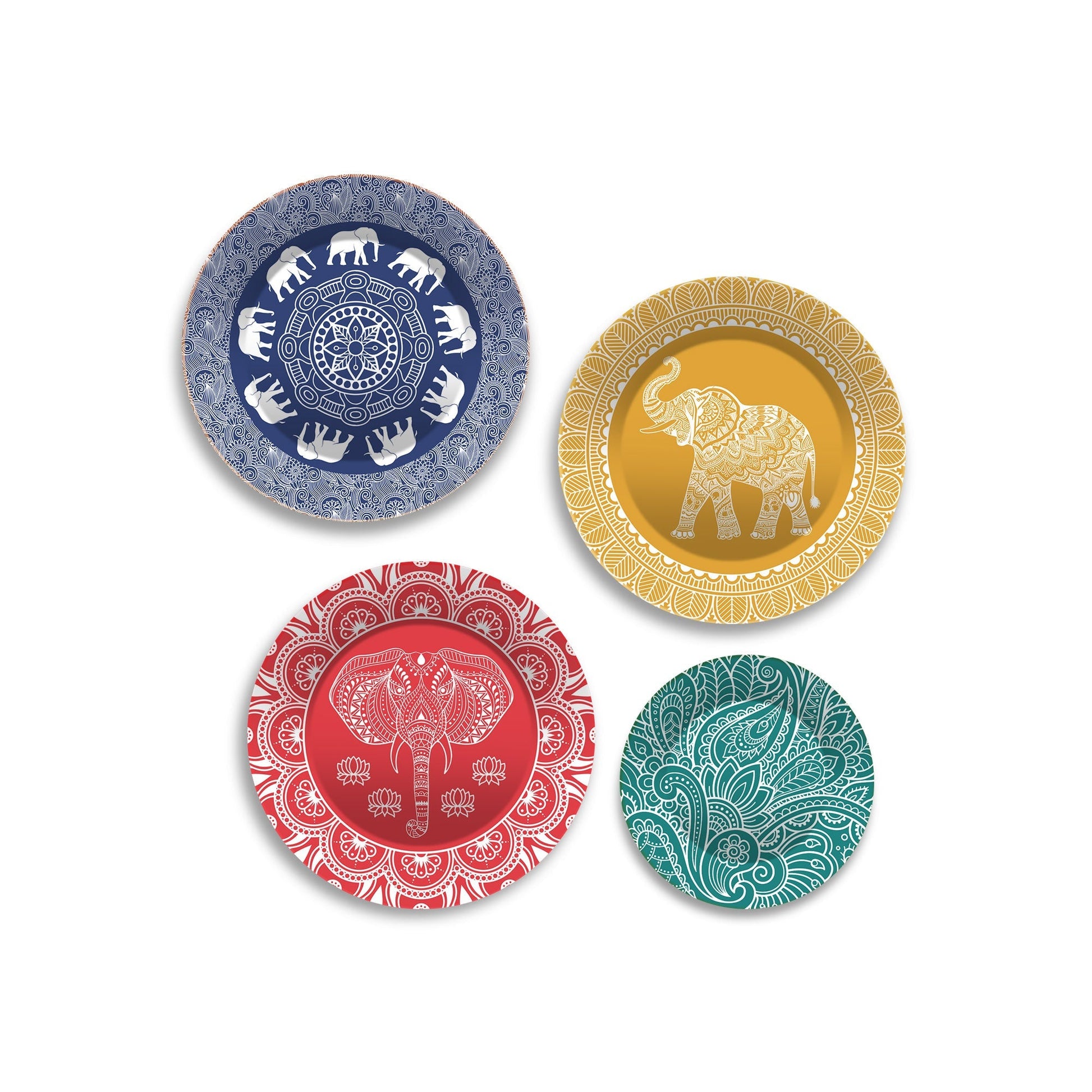 Mandala Pattern Elephants Wall Plates Painting Set of Four