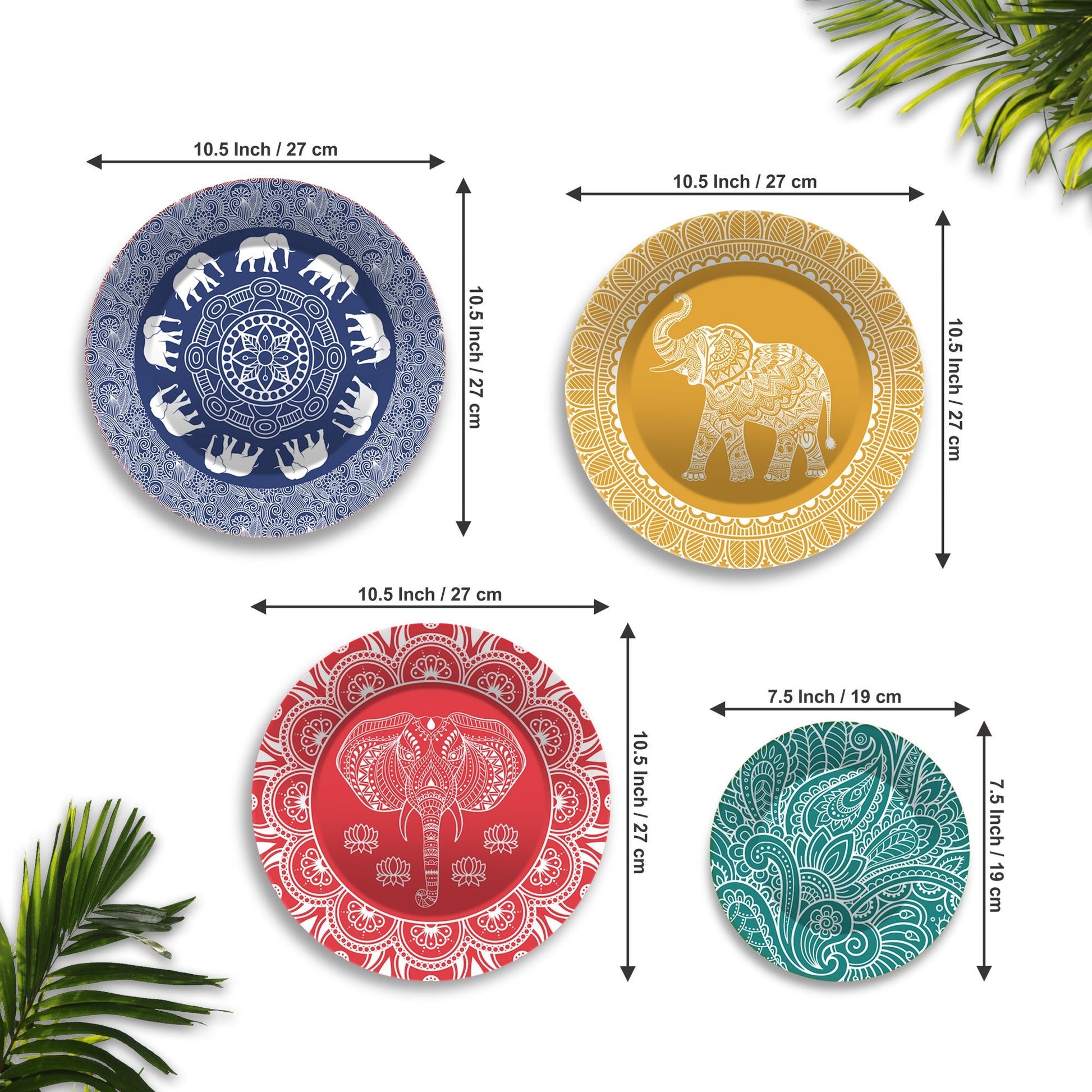 Mandala Pattern Elephants Wall Plates Painting Set of Four