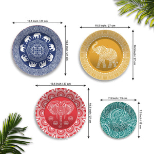 Mandala Pattern Elephants Wall Plates Painting Set of Four