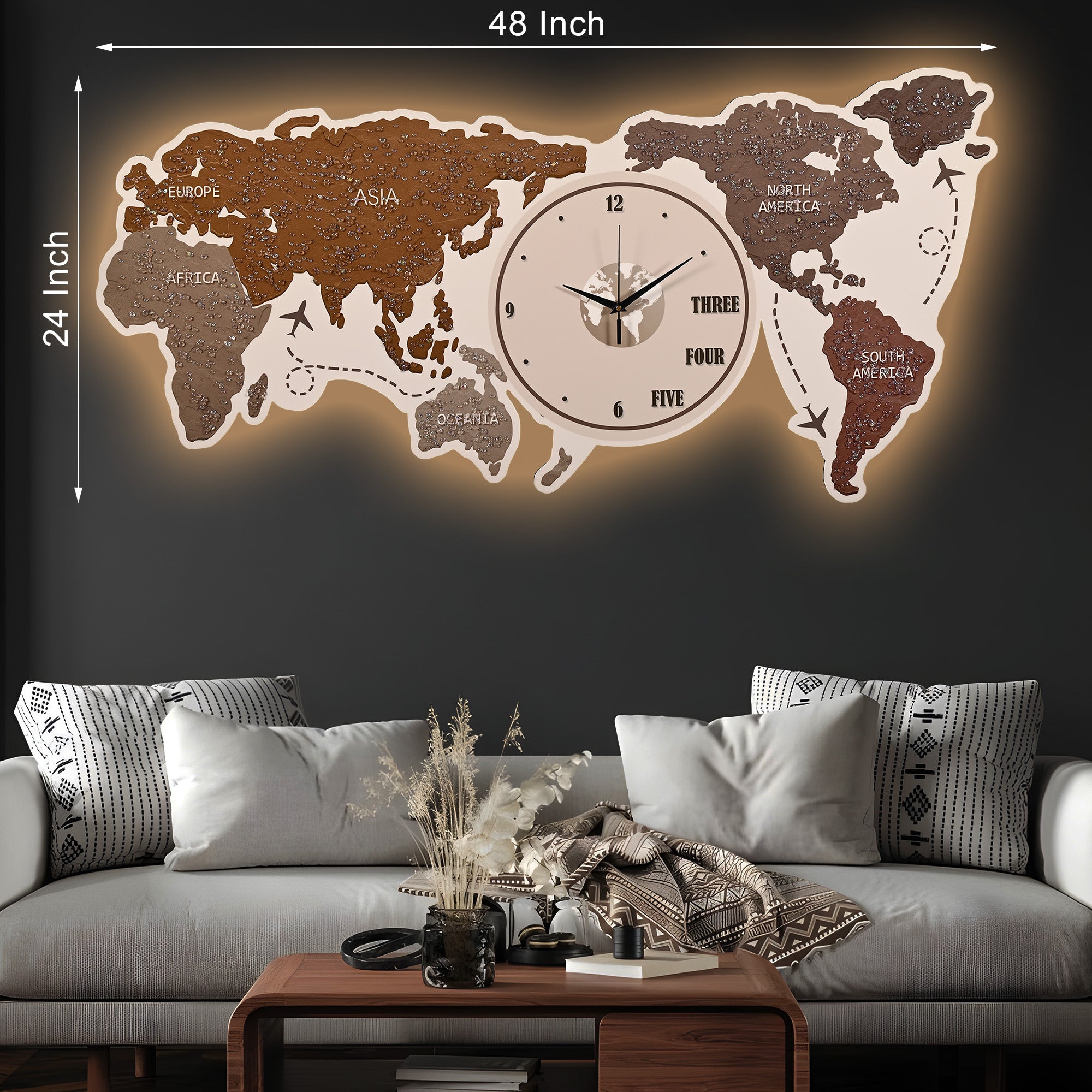 Map of The Earth Crystal Glass Backlit LED Painting with Clock (Land)