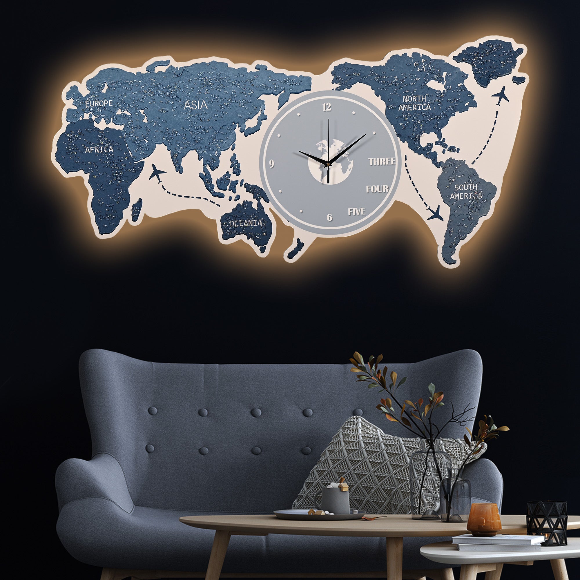Map of The Earth Crystal Glass Backlit LED Painting with Clock (Water)
