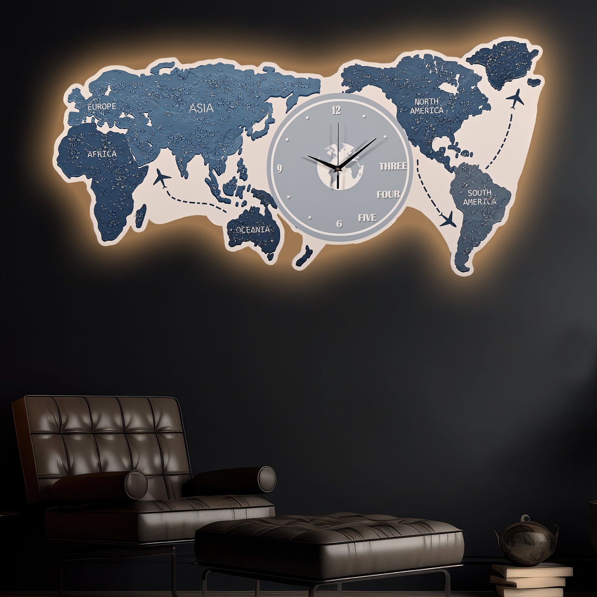 Map of The Earth Crystal Glass Backlit LED Painting with Clock (Water)