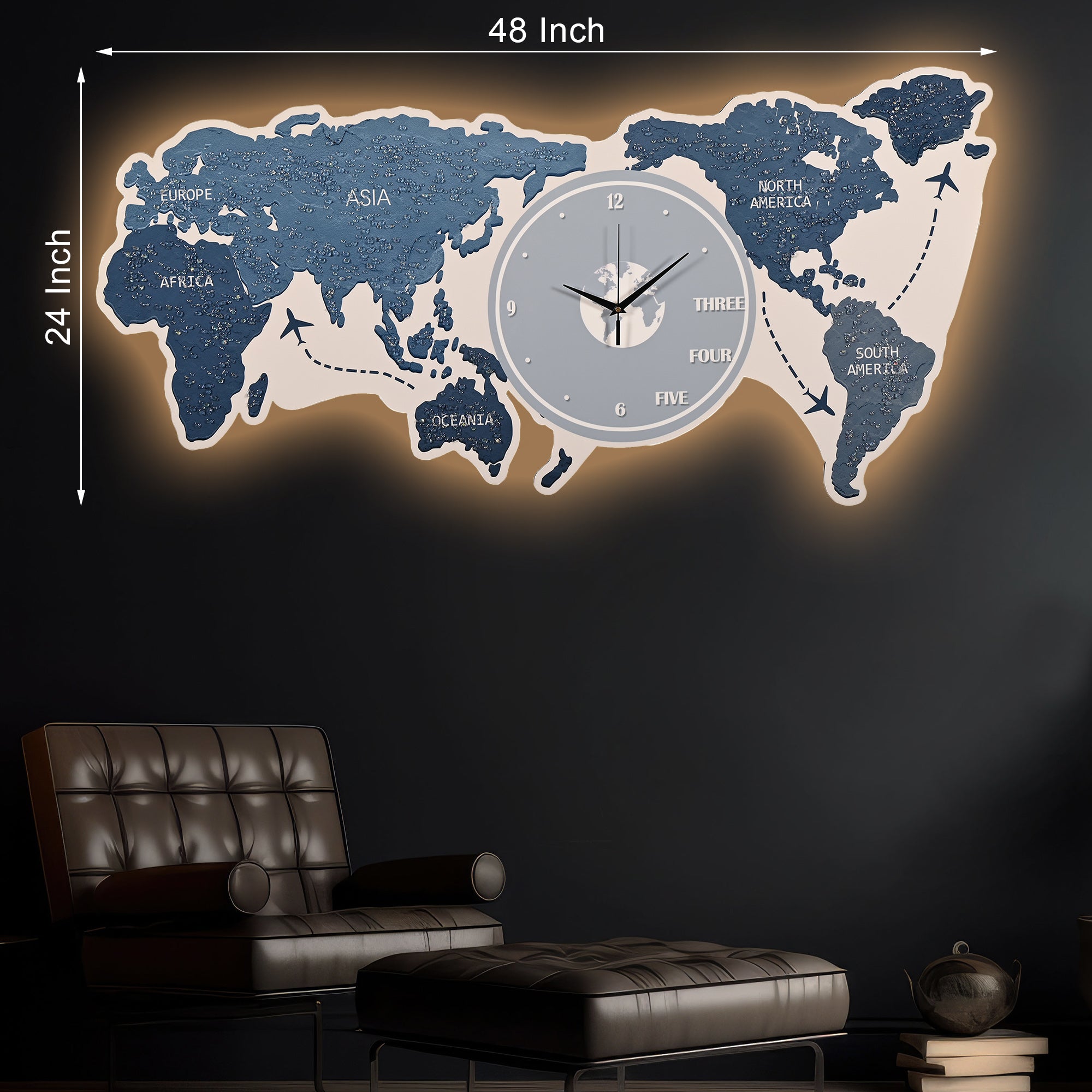 Map of The Earth Crystal Glass Backlit LED Painting with Clock (Water)