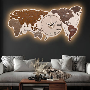 Map of The Earth Crystal Glass Backlit LED Wall Art with Clock (Land)