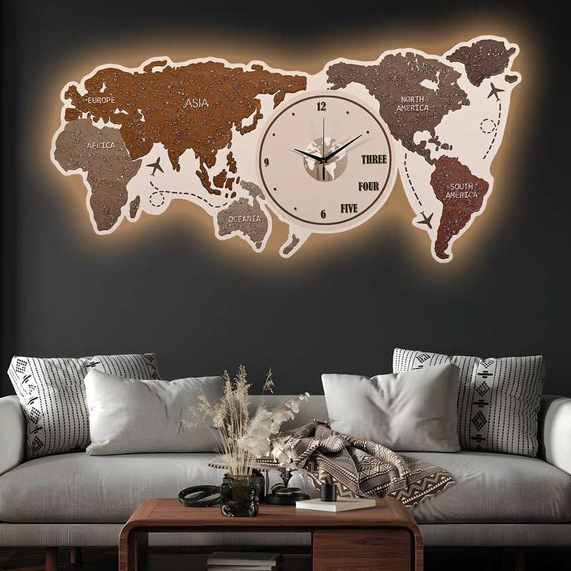 Map of The Earth Crystal Glass Backlit LED Wall Art with Clock (Land)