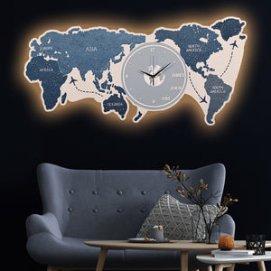 Map of The Earth Crystal Glass Backlit LED Wall Art with Clock (Water)
