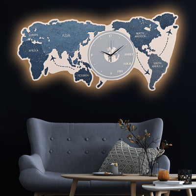 Map of The Earth Crystal Glass Backlit LED Wall Art with Clock (Water)