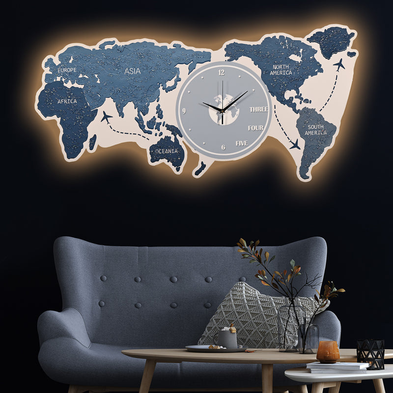 Map of The Earth Crystal Glass Backlit LED Wall Art with Clock (Water)