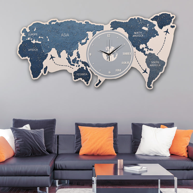 Map of The Earth Crystal Glass Backlit LED Wall Art with Clock (Water)