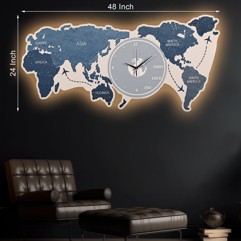 Map of The Earth Crystal Glass Backlit LED Wall Art with Clock (Water)