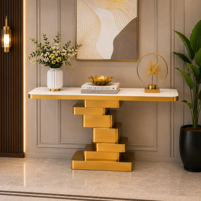 Marble Console Table with Layered Gold Pedestal
