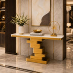 Marble Console Table with Layered Gold Pedestal