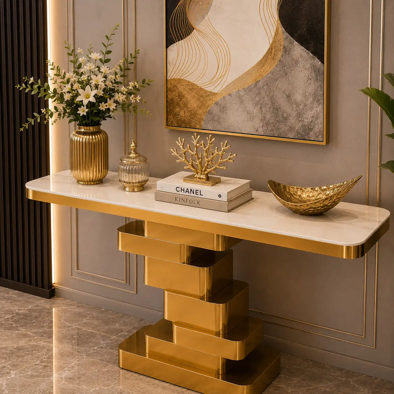 Marble Console Table with Layered Gold Pedestal