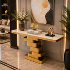 Marble Console Table with Layered Gold Pedestal