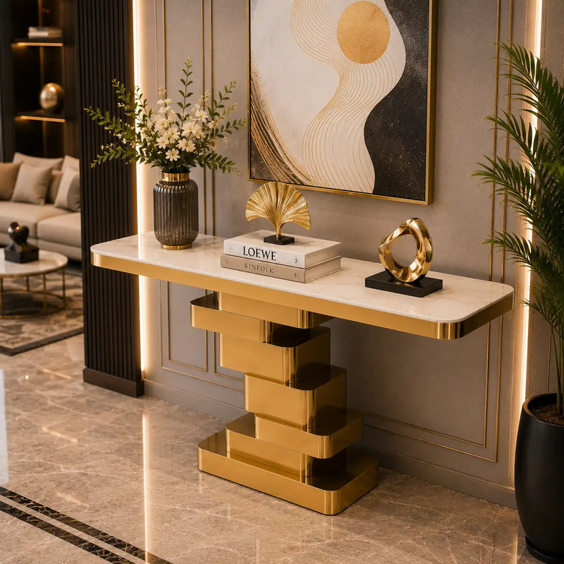 Marble Console Table with Layered Gold Pedestal