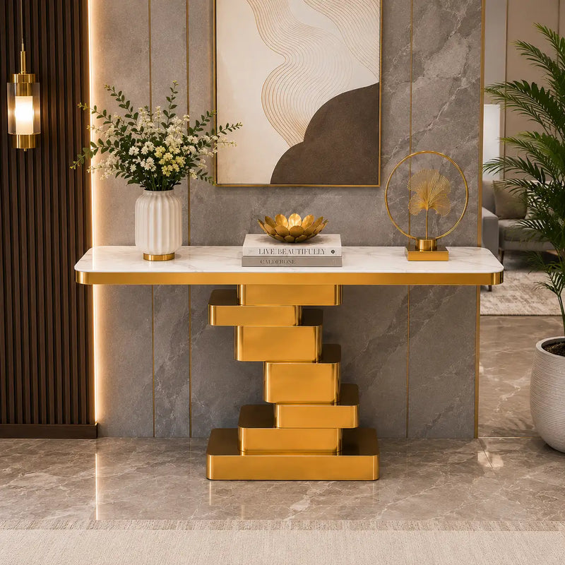 Marble Console Table with Layered Gold Pedestal