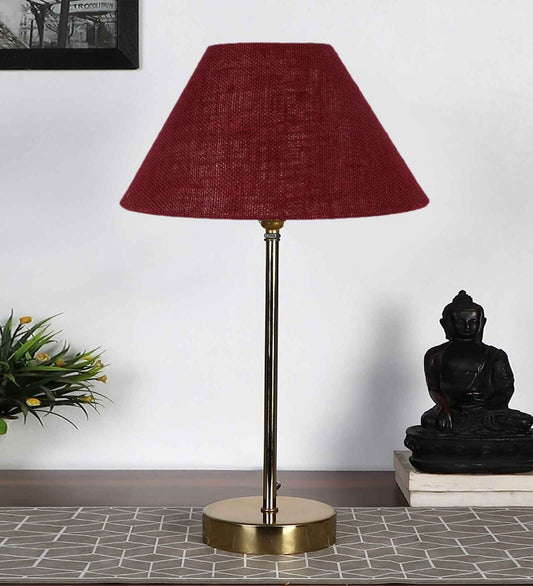 Maroon Solid Traditional Bedside Table Lamp with Golden Finish Base