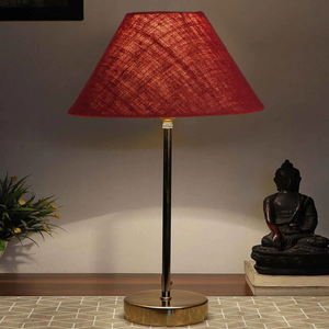 Maroon Solid Traditional Bedside Table Lamp with Golden Finish Base