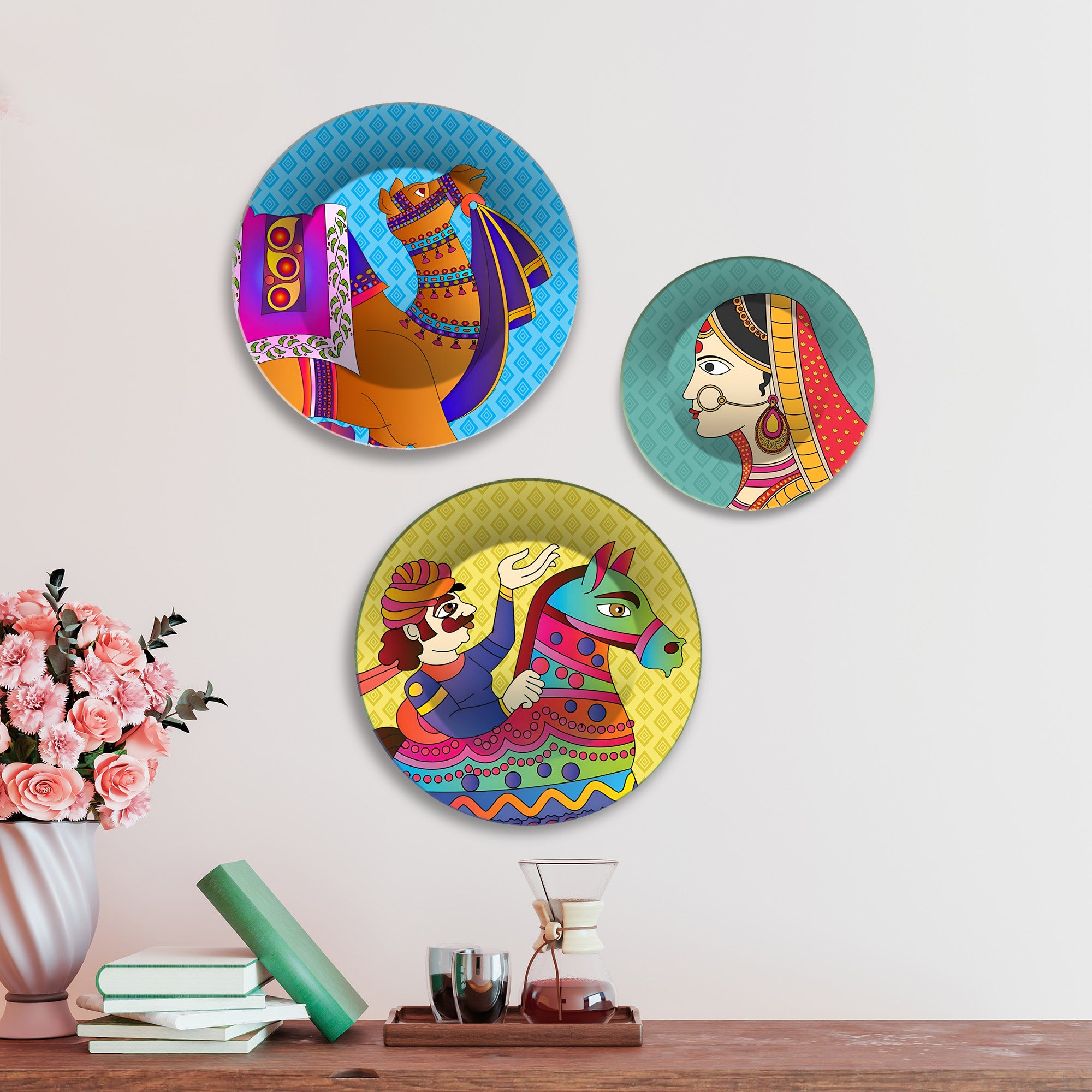 Marwari Cultural Rajasthani Caravan Premium Wall Plates Painting Set of 3