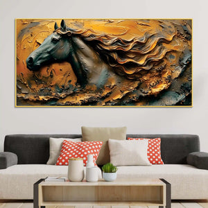 Masculine Royal Black Horse with Flowing Golden Mane Canvas Wall Painting