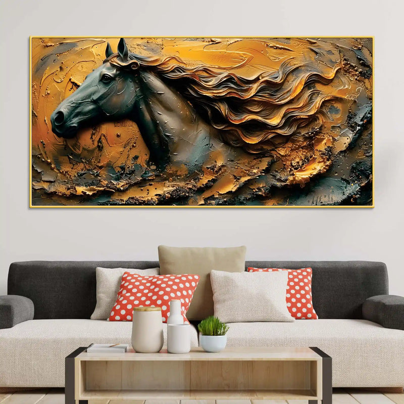 Masculine Royal Black Horse with Flowing Golden Mane Canvas Wall Painting