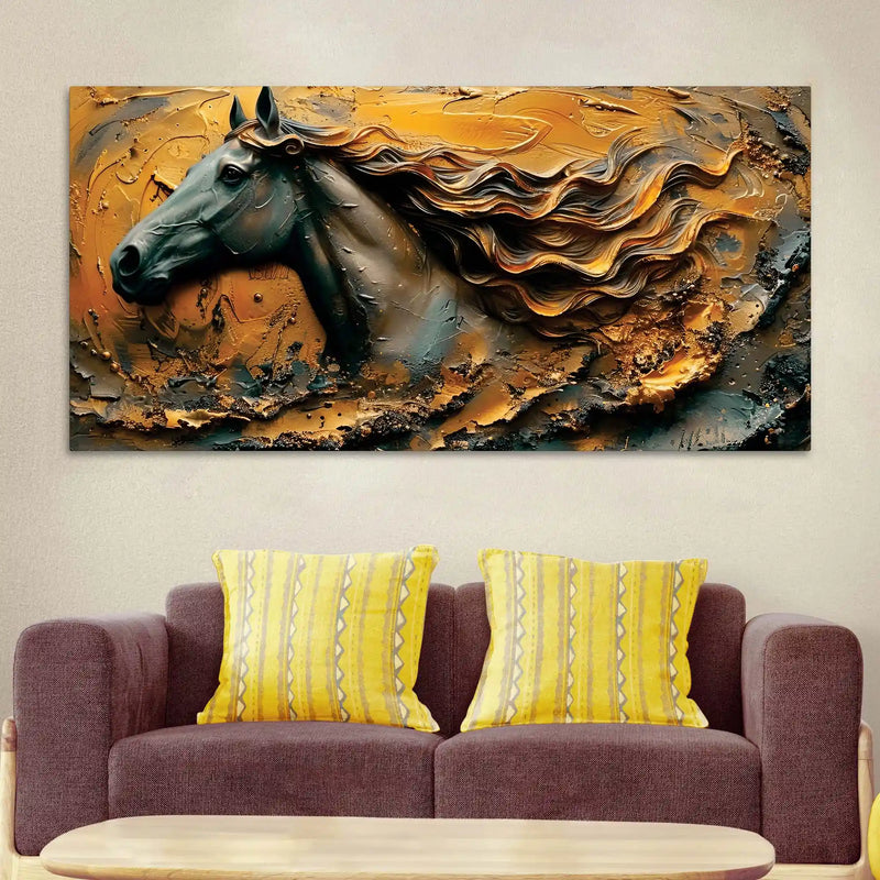 Masculine Royal Black Horse with Flowing Golden Mane Canvas Wall Painting