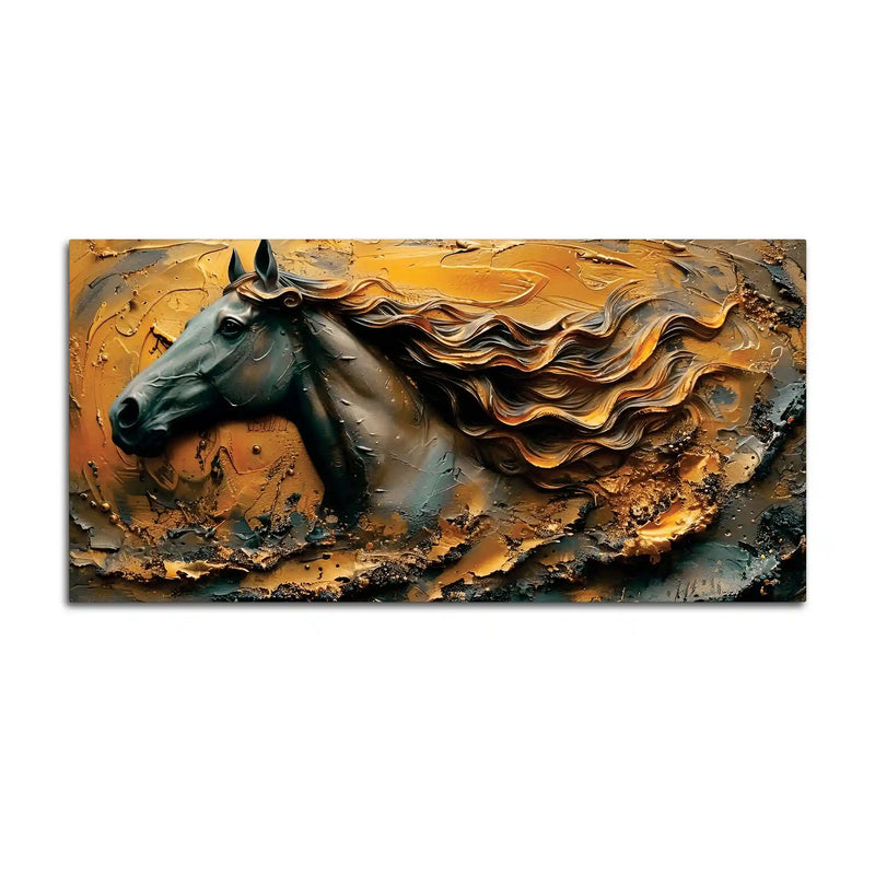 Masculine Royal Black Horse with Flowing Golden Mane Canvas Wall Painting
