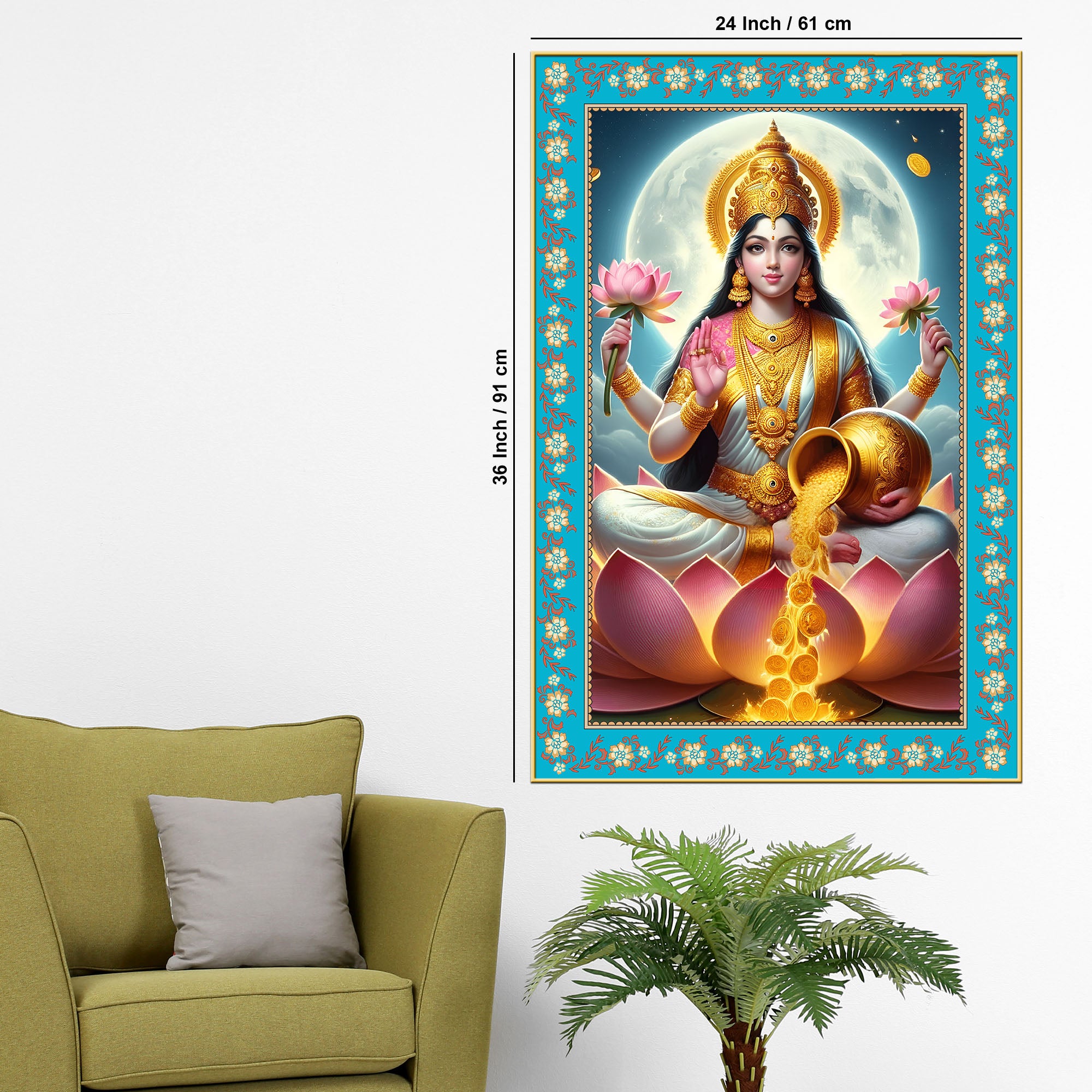Mata Laxmi Prosperity Floral Border Vertical Canvas Wall Painting