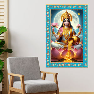 Mata Laxmi Prosperity Floral Border Vertical Canvas Wall Painting