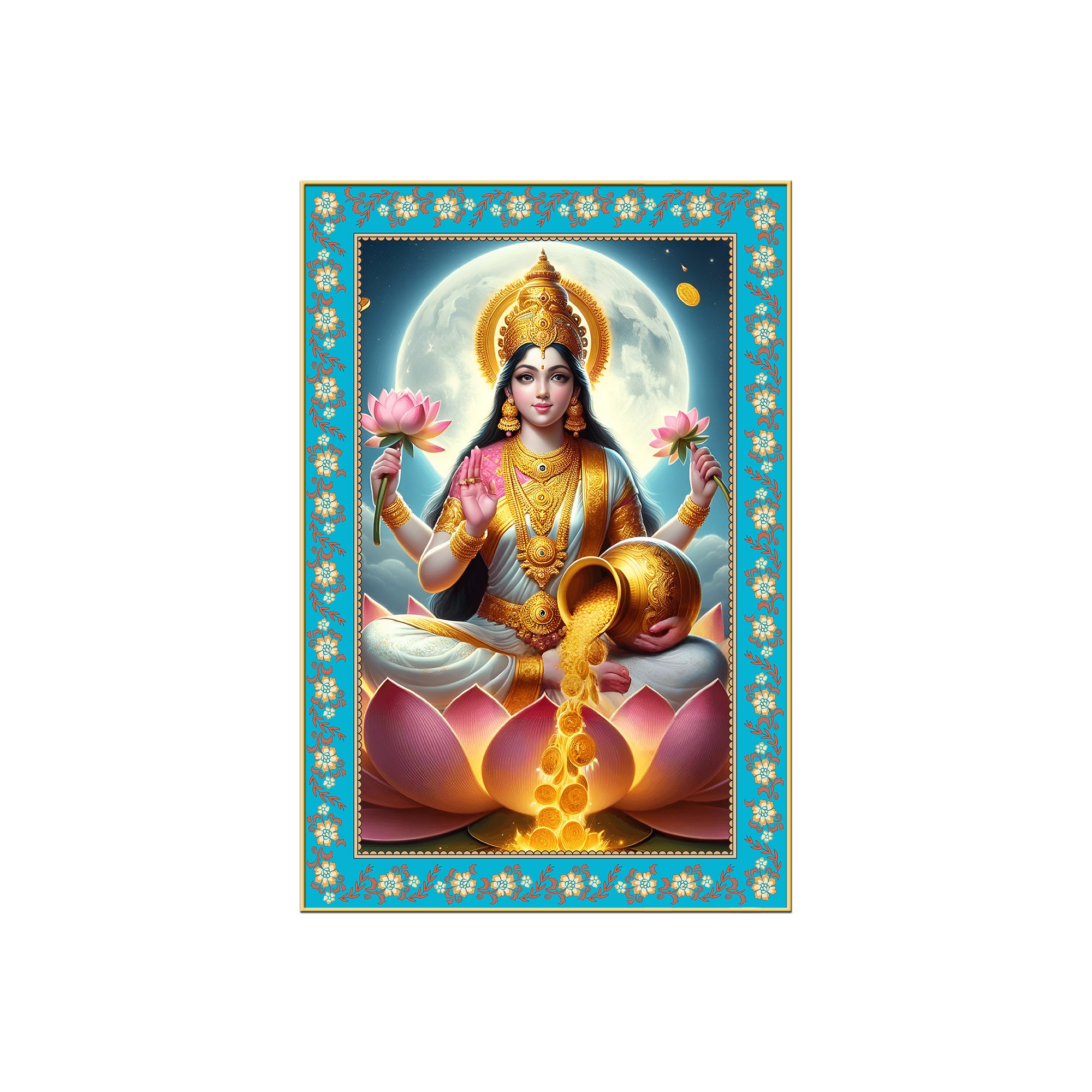 Mata Laxmi Prosperity Floral Border Vertical Canvas Wall Painting