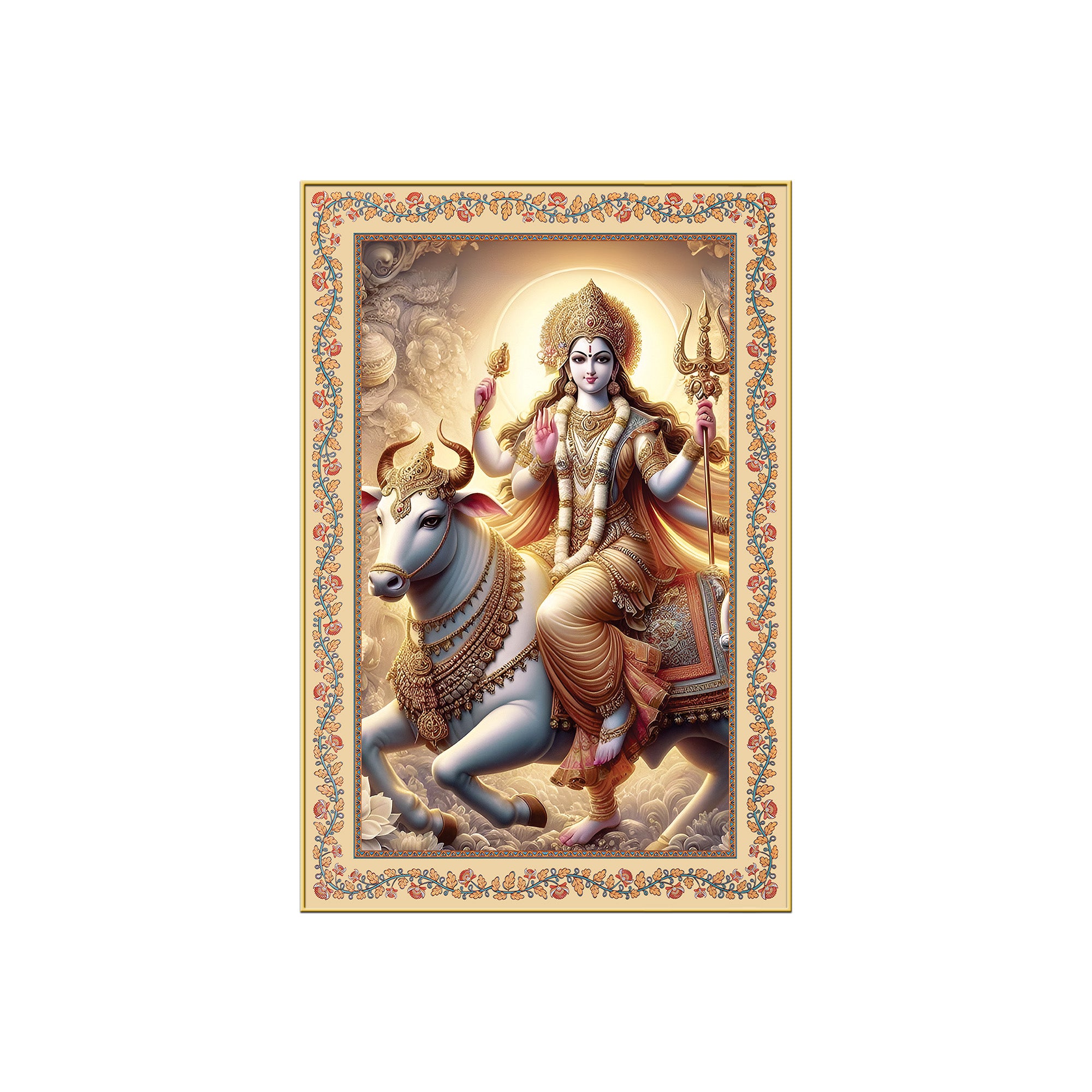 Mata Shailputri Floral Border Vertical Canvas Wall Painting