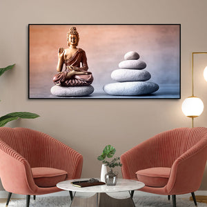 Meditating Buddha is Sitting with Balance Stones Canvas Wall Painting