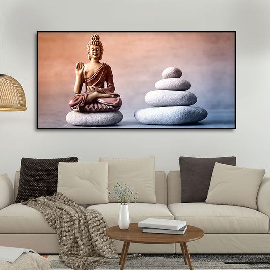 Meditating Buddha is Sitting with Balance Stones Canvas Wall Painting