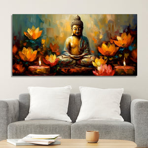 Meditating Buddha Statue with Lotus Flower Canvas Wall Painting