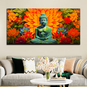 Meditating Buddha Wall Painting with Colorful Lotus Flowers
