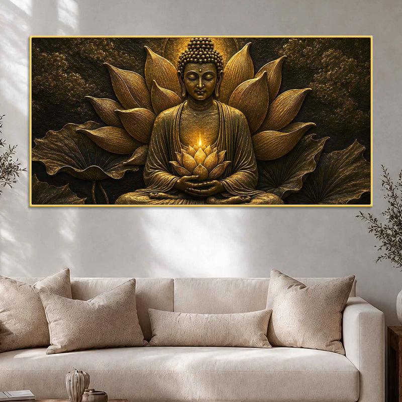 Meditating Buddha with Glowing Lotus Metallic Look 3D Canvas Wall Painting
