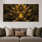 Meditating Buddha with Glowing Lotus Metallic Look 3D Canvas Wall Painting