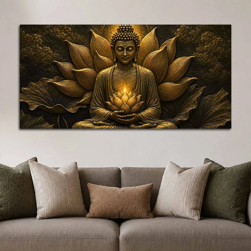 Meditating Buddha with Glowing Lotus Metallic Look 3D Canvas Wall Painting