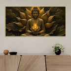 Meditating Buddha with Glowing Lotus Metallic Look 3D Canvas Wall Painting