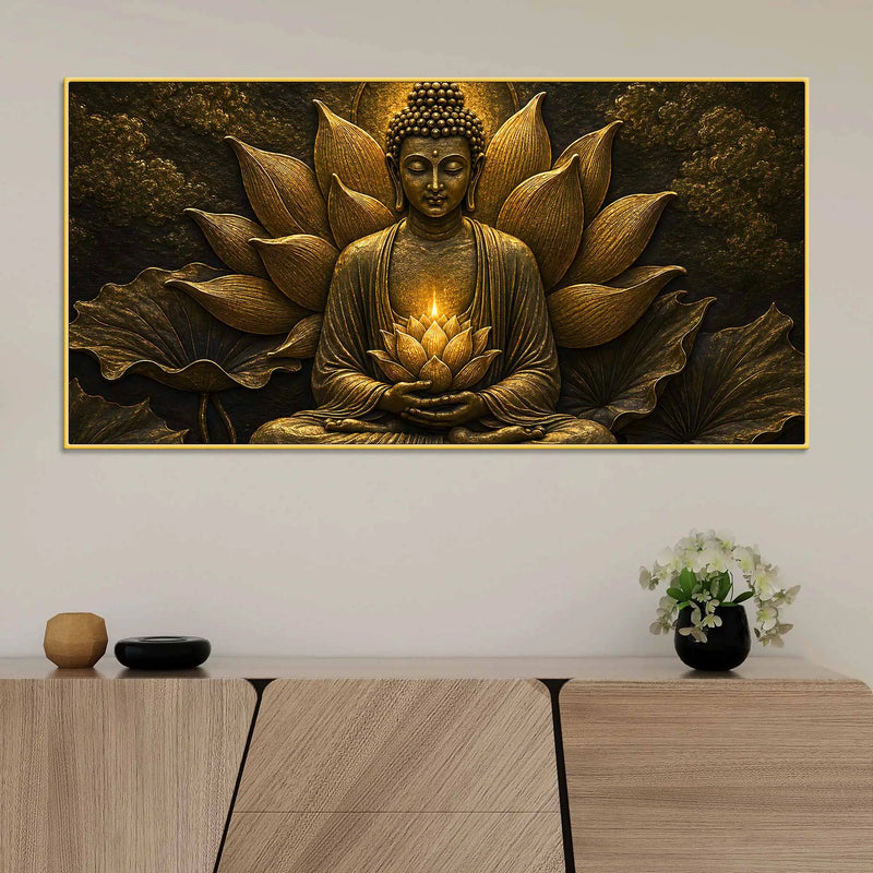 Meditating Buddha with Glowing Lotus Metallic Look 3D Canvas Wall Painting