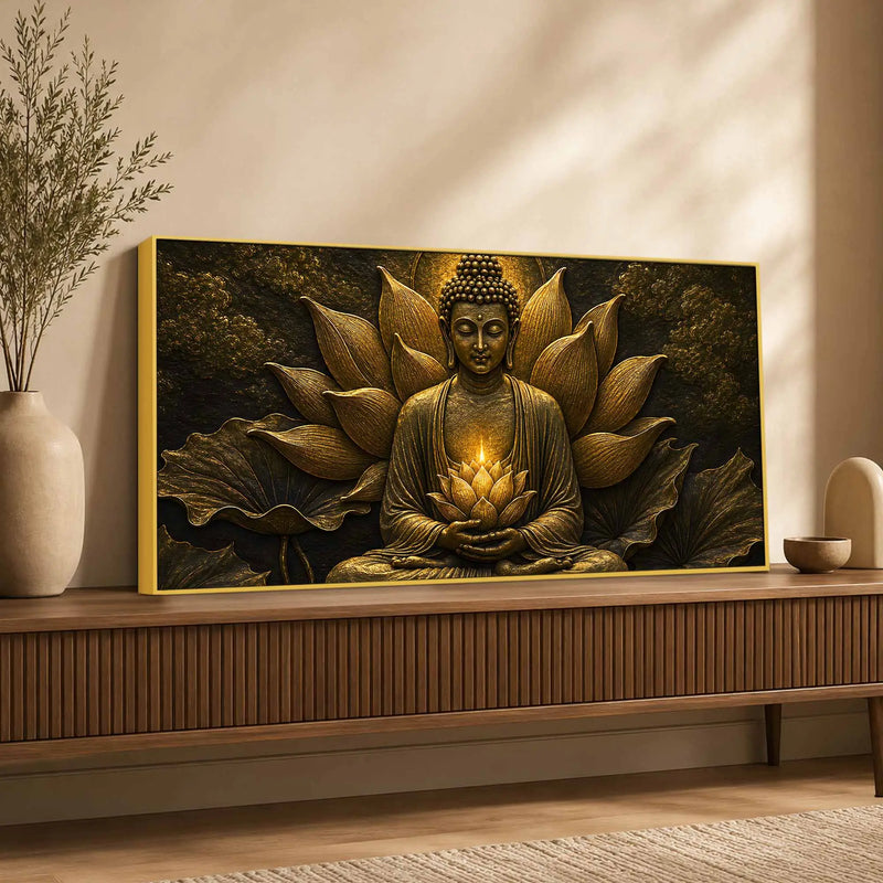 Meditating Buddha with Glowing Lotus Metallic Look 3D Canvas Wall Painting
